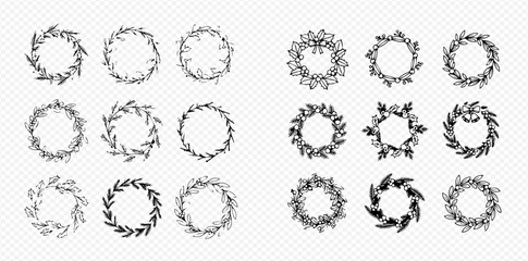 Set of hand-drawn floral wreaths and frames, perfect for invitations, logos, and decorative elements.