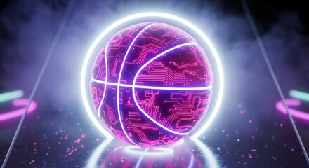 Futuristic basketball concept with neon lights and circuit board design showcasing digital sports