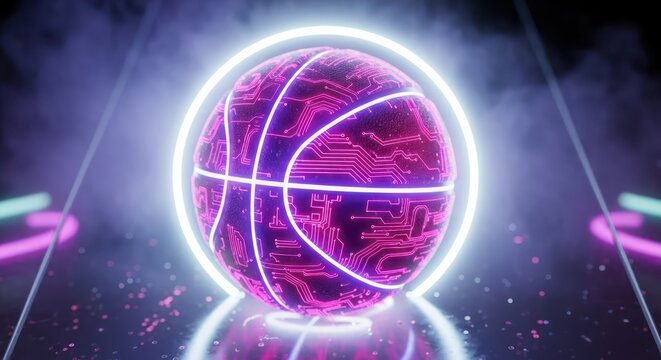 Futuristic basketball concept with neon lights and circuit board design showcasing digital sports