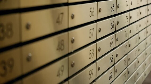 Close-up perspective of rows of numbered safe deposit boxes in a secure vault corridor, highlighting metallic drawers, sequential numbering, and organization of stored valuables.
