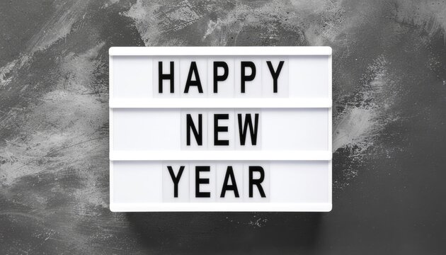 A minimalist black and white flat lay of a light box sign that says Happy New Year on a gray textured background
