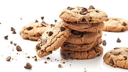 Chocolate chip cookies stacked on a white background for a professional food catalog.