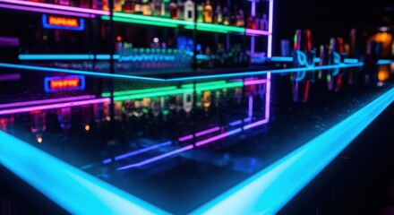 Vibrant nightlife scene displaying a bar illuminated with neon lights in a modern club