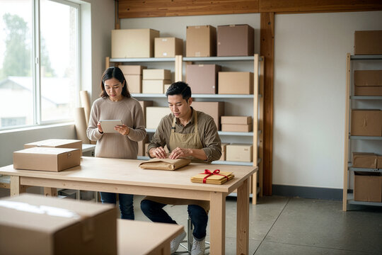 Asian couple managing package delivery business