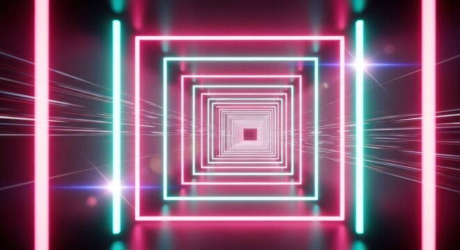 Neon square tunnel with vibrant colors and illuminated streaks offering futuristic depth