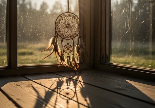 Sunlit dreamcatcher casting intricate shadows on a wooden windowsill at golden hour - Powered by Adobe