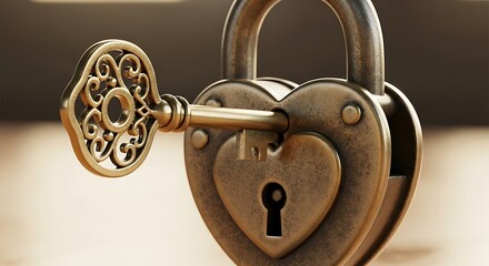 Obraz premium Ornate vintage heart shaped padlock with key symbolizing love and security