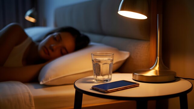 Serene woman asleep in cozy bed with bedside lamp, water glass, and phone on nightstand