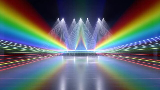 Digital neon skeleton DJ spinning discs on a vibrant futuristic stage with rainbow lasers and euphoric rave atmosphere