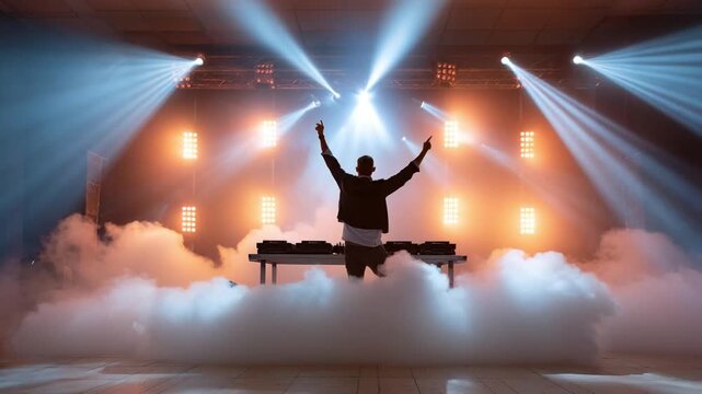 DJ hyping the crowd with one arm raised, surrounded by intense lighting and moving fog effects