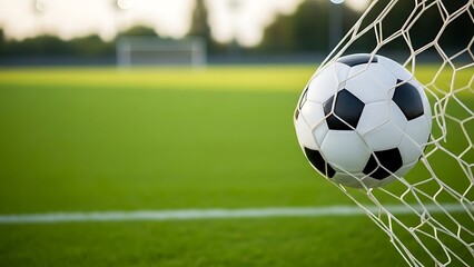 A classic black and white soccer ball hitting the back of the net for a winning goal on a lush green grass field
