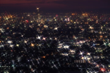 光り輝く抽象的な街明かり 生駒山から見た、大阪平野夜景　海遊館観覧車