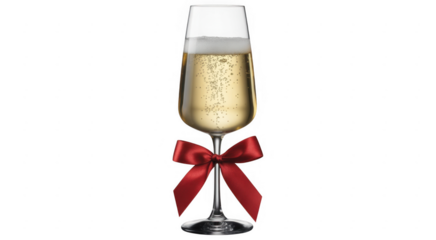 Champagne flute filled with bubbly liquid and adorned with a red satin bow isolated on a transparent background