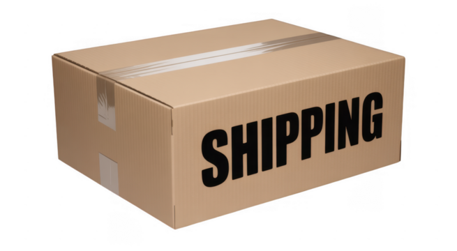 Cardboard shipping box with the word shipping printed in black isolated on a transparent background