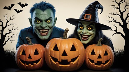 Spooky Halloween fun with a grinning green ghoul, wicked witch, and glowing jack-o'-lanterns this October