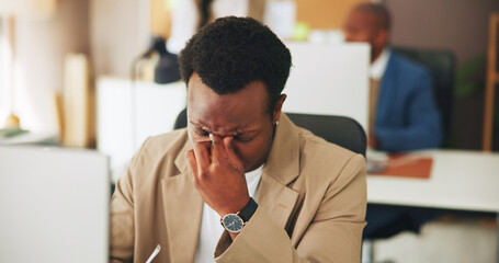 Eye strain, pain or man in office with computer, tired or headache with task management pressure. Tech, coworking or consultant with migraine, fatigue with vision discomfort or deadline issue