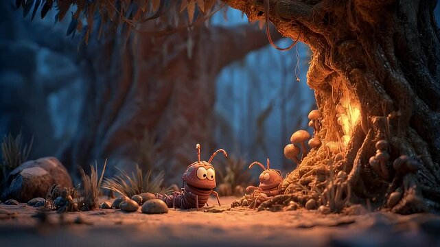 Centipede cartoon insects chatting under a glowing magical tree root