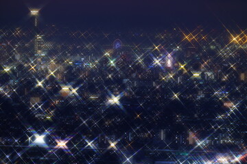 光り輝く抽象的な街明かり 生駒山から見た、大阪平野夜景　海遊館観覧車