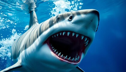 Powerful great white shark underwater, jaws open, gill, hunting