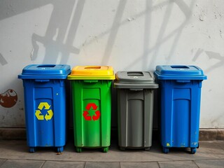 Recycling bins of different colors for waste sorting against an old wall with copy space,  color coding,  trash