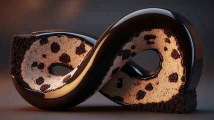 A mesmerizing infinity loop sculpture, crafted with a glossy black exterior and speckled interior, creates a captivating visual paradox, blending the concepts of endlessness and form.