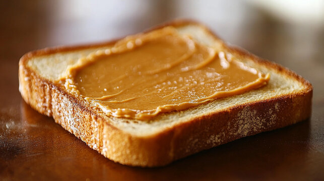 Slice of toasted bread with a creamy peanut butter smear, symbolizing comfort, simple nourishment, everyday breakfast, homemade snack, and the warm, satisfying appeal of classic foods.