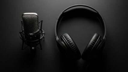 Dramatic Dark Toned Studio Condenser Microphone and Headphones for Professional Audio Work