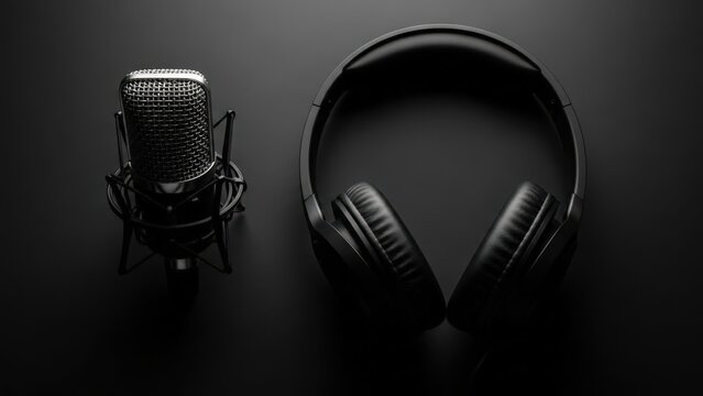 Dramatic Dark Toned Studio Condenser Microphone and Headphones for Professional Audio Work