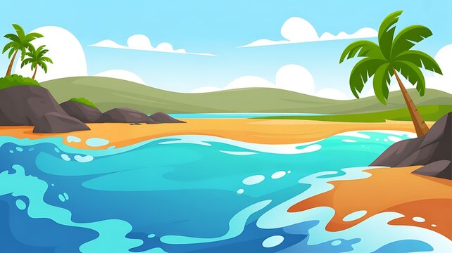 Vibrant cartoon tropical beach with palm trees and blue ocean waves illustration - Powered by Adobe