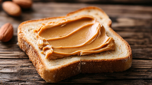 Slice of toasted bread with a creamy peanut butter smear, symbolizing comfort, simple nourishment, everyday breakfast, homemade snack, and the warm, satisfying appeal of classic foods.