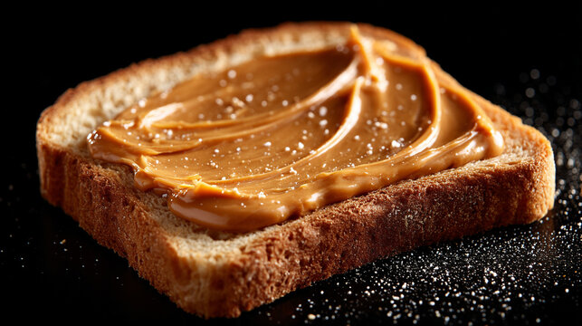 Slice of toasted bread with a creamy peanut butter smear, symbolizing comfort, simple nourishment, everyday breakfast, homemade snack, and the warm, satisfying appeal of classic foods.