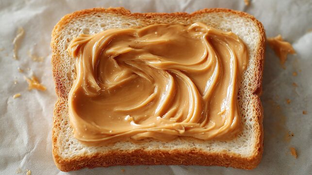 Slice of toasted bread with a creamy peanut butter smear, symbolizing comfort, simple nourishment, everyday breakfast, homemade snack, and the warm, satisfying appeal of classic foods.