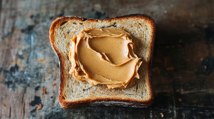 Slice of toasted bread with a creamy peanut butter smear, symbolizing comfort, simple nourishment, everyday breakfast, homemade snack, and the warm, satisfying appeal of classic foods.