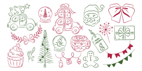 Hand-drawn retro Christmas line art set featuring cars with gifts, Santa, snow globes, cocoa mug, gingerbread man, and sweets.