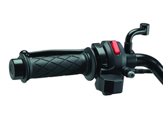 Close up of a black motorcycle handlebar grip and controls with red button isolated on a transparent background