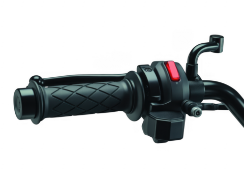 Close up of a black motorcycle handlebar grip and controls with red button isolated on a transparent background - Powered by Adobe
