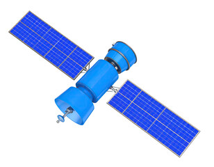 Advanced communication satellite with solar panels and antenna array orbiting in space for transmission and data relay isolated on white background