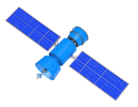 Advanced communication satellite with solar panels and antenna array orbiting in space for transmission and data relay isolated on white background