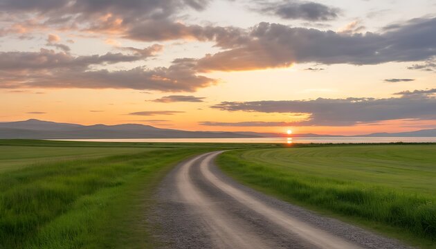 Winding dirt road through green fields at sunset over water landscape gravel road