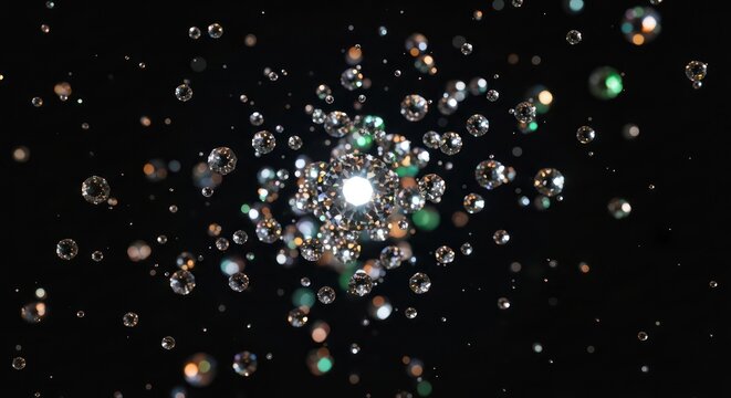 Captivating dispersion of multifaceted spheres against a dark backdrop creates a dazzling visual