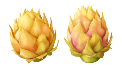 Yellow dragon fruit pitahaya illustrated with vibrant spiky skin, fresh tropical sweetness, and detailed exotic fruit texture highlighted clearly isolated on white background