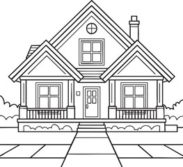 Black and white line drawing of a two story house with a porch and chimney home building