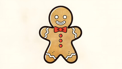 Fototapeta premium Cartoon illustration of a gingerbread man with a red bow tie and button details on a plain background.