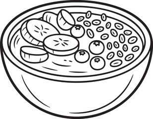 Black and white outline drawing of a bowl of oatmeal with blueberries and banana slices breakfast