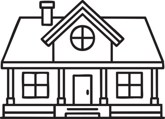 Black and white outline of a simple house with a chimney and porch home building