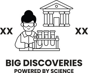 A man in a lab coat is holding a beaker and a building is in the background