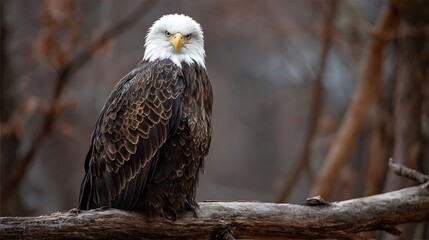 Obraz premium Majestic bald eagle portrait, a symbol of resting on a log in nature, showcasing its white head and powerful beak