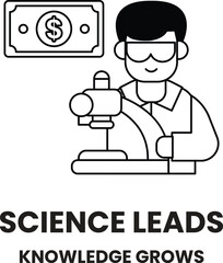 A man in a lab coat is holding a microscope and a dollar bill
