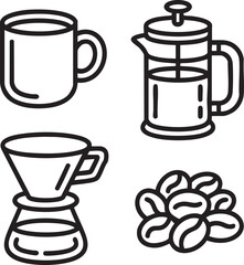 Black line art icons of coffee mug french press pour over and coffee beans vector