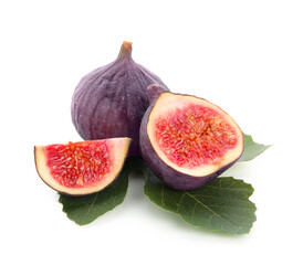 Fresh ripe figs and leaf on white background